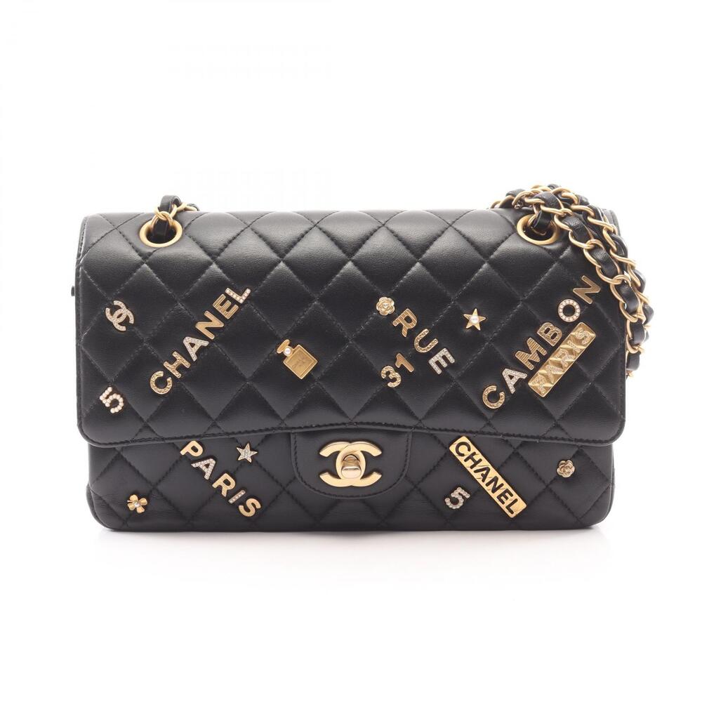 Chanel Matelasse Double Flap Icon Charm Shoulder Bag Lambskin Leather Black